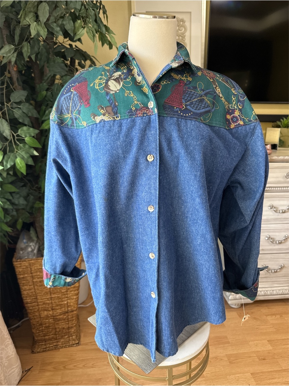 Vintage 90s Gotcha Covered Denim Equestrian Scarf Print Button Up Shirt M